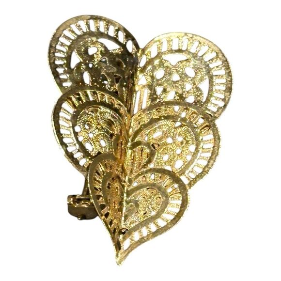 Heart Elegant Gold Filigree triple Heart brooch pin bag charm - Picture 1 of 14